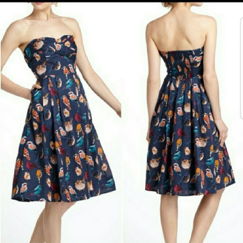 Maeve Strapless Dress with Bird Print - Navy and Multicolor
